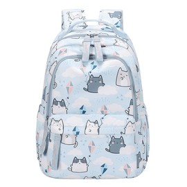 Cats Print Girls Backpacks, Water-resistant Casual School Bags Daypacks for Girls, Cats-Sky-blue