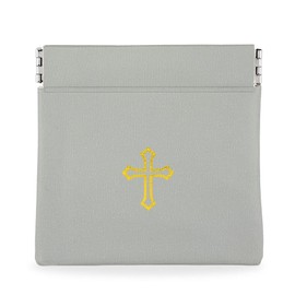 Squeeze Top Rosary Pouch Gray Vinyl with Gold Cross Imprint