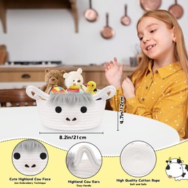 Hkojewp Highland Cute Cow Basket for Nursery, Small Shower Gift Basket,Round Woven Cotton Rope Storage,White Baby 0rganizer with Ears Handles, Blanket Towel Decor Empty Storage Bins,8.2 x 4.7 IN