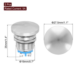 MECCANIXITY 2PCS 5A 19MM 3/4" Momentary Mushroom Head Push Button Switch 12V 24V 120V 250V AC Silver 1NO Waterproof IP65 SPST Self-resetting Domed Round 2 Screw Foot Button
