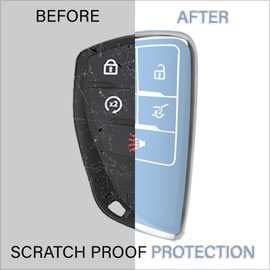 QBUC for Chevy Key Fob Cover with Keychain Soft TPU Protection Case Compatible with 2021-2026 Chevy Equinox Blazer Tahoe Suburban GMC Yukon Denali Silverado 5-Buttons(Chrome Trim Blue)