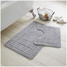 VELVETIO Bath Mat Set 2 Piece Machine Washable for Bathroom, Jacquard Greek Non Slip Quick Dry Shower Rugs & Bathtub Mats, Highly Water Absorbent 100% Polypropylene Toilet Rug Sets, Silver