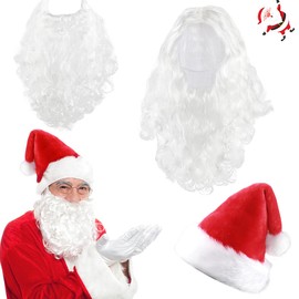 Santa Wig + Santa Beard + Santa Hat, White Santa Beard and Wig Set, Wig for Fancy Dress as Santa Claus for Carnival Holiday Party