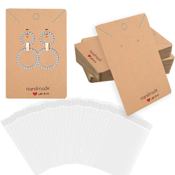 200PCS Durable Earring Display Cards Handmade with Love Brown Kraft Earring Cards with 100 Earring Holder Cards and 100 Self Sealing Clear Bags for DIY Necklace Earring Jewelry Display Gift Making