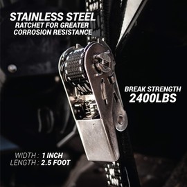 Stainless Boat Tie Down Straps to Trailer | Boat Transom Tie Down Straps Made in New Zealand with Superior Strength of 2,400lbs UV Treated | 1" x 2.5’ Heavy Duty Ratchet Boat Straps Trailer Tie Down
