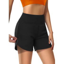 MIVEI Womens' 5" Swim Shorts Tummy Control Quick Dry Swimsuit Bottom High Waist Loose Fitting with Zipper Pocket Liner UPF50+ Black