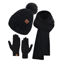 Hat Scarf And Gloves Set For Women, Womens Beanie Hats Thermal Touchscreen Gloves Scarf Scarves, Winter Accessories Sets (Black)