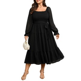 SCOMCHIC Women's Plus Size Dress Long Sleeve Square Neck Swiss Dot Chiffon Dress Smocked A Line Ruffle Fall Maxi Dresses Black