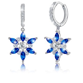 S925 Sterling Silver Blue Cubic Zirconia Snowflake Dangle Hoop Earrings with Heart Cz Hypoallergenic Loop Earrings Winter Jewelry for Women Birthday Party