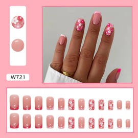 Pink French Tip Press on Nails Short Red Flower Press on Nails Square White Fake Nails Spring False Nails with Cute Design June Summer Nails Press Ons Glossy Stick on Nails for Women Girls Manicure