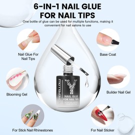 Yokefellow Nail Glue for Nail Tips 6 in 1 Hema Free Nail Glue for Acrylic Nails Extension and Clear Fake Nail Tips Press On Nails for Gel, Base Coat, Nail Repair Treatment,16ML