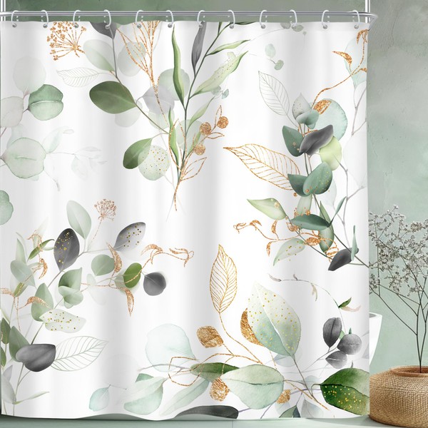Riyidecor Extra Long Sage Green Shower Curtain 72Wx78H, Eucalyptus Golden