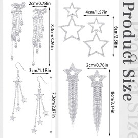 Inbagi 4 Pairs Star Dangle Earrings for Women Waterfall Beaded Tassel Drop Dangle Earrings Rhinestone Star Earrings Shiny Hollow Star Earrings Dangle Fringe Star Ear Stud