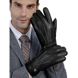 GSG leather gloves for men Sheepskin Classic Driving Gloves Winter Wool Lined Warm Gloves Black,L
