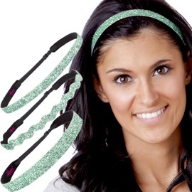 Hipsy PETITE Size, Adjustable No Slip Sparkly Bling Mixed 3pk Headbands for Women Girls & Teens (Bling Glitter Mixed Seafoam Green)
