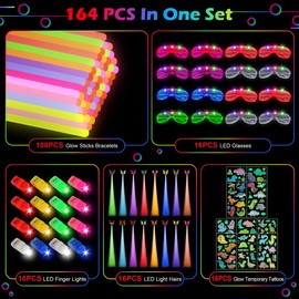 Glow in the Dark Party Supplies Favors - Glow Party Accessories include 100 Glow Sticks Bracelets, 16 LED Light Hairs, 16 LED Finger Lights, 16 LED Glasses, 16 Glow Temporary Tattoos