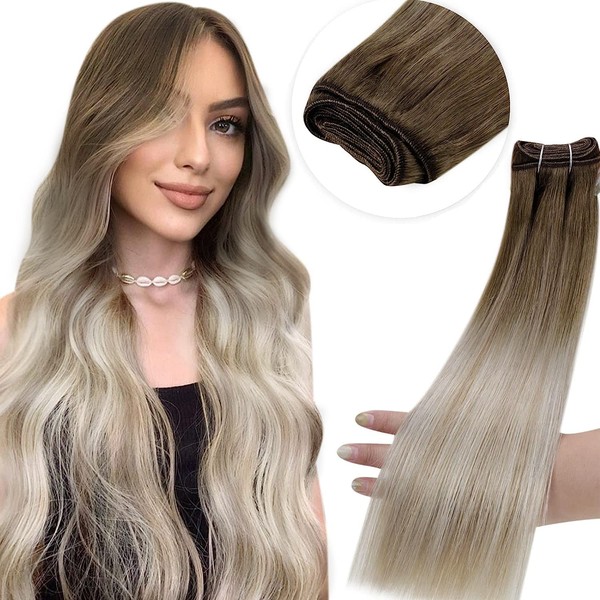 LaaVoo Weft Hair Extensions, Real Hair, for Sewing in, Straight, 100 g, Remy Real Hair Weaves, Balayage, Light Brown to Ash Blonde with Platinum Blonde, #8/18/60, 20 Inches/50 cm