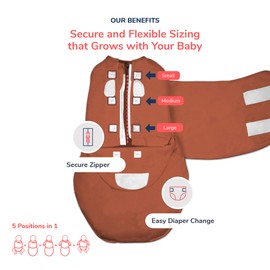 embé 2-Way Starter Swaddle Blanket, 6-14 lbs, Diaper Change w/o Unswaddling, Legs in and Out Design, Warm Up or Cool Down 100% Cotton, 0-3 Months (Rust)