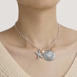 Dainty Gold Pearls Beaded Starfish Necklace for Women Fashion Silver Freshwater Pearl Choker Conch Statement Necklaces Seashell Beach Holiday Jewelry (Silver)