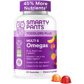 SmartyPants Toddler Multivitamin Gummies - Improved Formula: Omega 3 (DHA/EPA), Vitamins D3, C, Vitamin B12, B6, A, K & Zinc, Biotin, Gluten Free, Three Fruit Flavors, 60 Count (30 Day Supply)