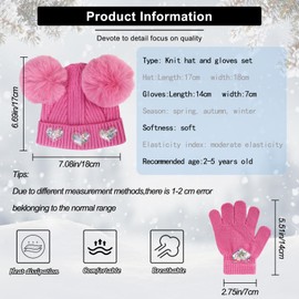 QKURT Kids Hat and Gloves Set, Girls Winter Warm Beanie Knitted Magic Gloves Heart Mitten Bobble Hat for Children 2-5 Years Old (Black)