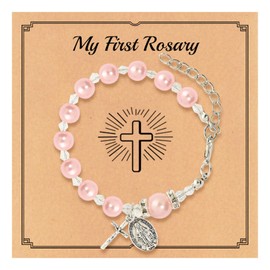 Rosary Bracelet Cross Pearl Bracelet for Girls Baptism Communion Catholic Confirmation Gifts for Granddaughter Daughter Niece, Easter Basket Stuffers for Teens