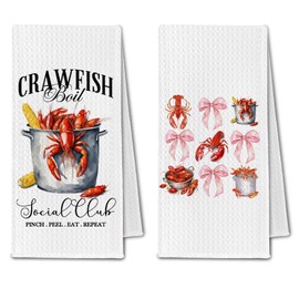 ChissNook Coquette Crawfish Boil Towel, Crawfish Seafood Boil Party Supplies, Lobster Lover Gifts Pink Bow Hand Dish Tea Towels for Kitchen Decorative Set of 2, 16x24 Inch