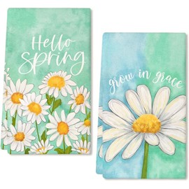 LUYANFX White Flower Spring Tea Towels, Hello Spring Kitchen Towels, Chrysanthemum Tea Towels, Cotton, 18 x 26 Inch Seasonal Drying Towel - Durable, Absorbent, Set of 2 (A)