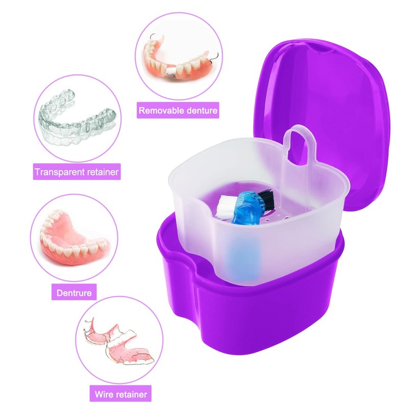 Colorful Denture Bath Case with Brush, Denture Cup Soaking Holder