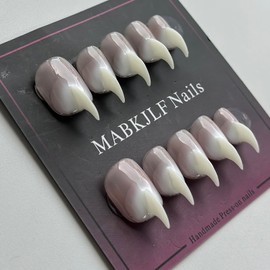 Luxury Press on Nails Short Stiletto Handmade Cat Claw Unique Reusable ABS Material White Fake Nails Eagle Claw False Nails with Gradient Designs Glossy Glue on Nail Curved Thick Acrylic Nail(M)