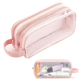RuiChy Transparent Mesh Pen Case, Pencil Case, Large Capacity, Double Layer, Zipper, Pencil Pouch with Handle, Multi-functional, Accessory Case, Cosmetic Bag, Elementary School, Middle School, High