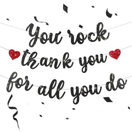Pre-Strung You Rock Thank You For All You Do Banner - Glitter Employee Appreciation Decorations, Staff Teacher Nurse Recognition Party Supplies, Retirement Office Decor Sign, Large Cardstock Garland (Black)