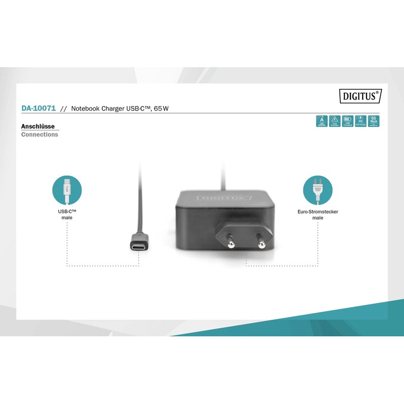 DIGITUS Notebook Charger USB-C Power Supply 65W PD3.0