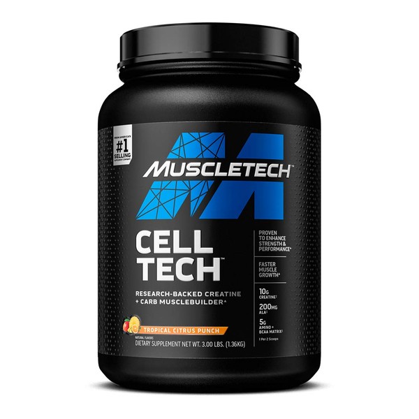Creatine Monohydrate Powder | MuscleTech Cell-Tech Creatine Powder | Post Workout Recovery Drink | Muscle Builder for Men & Women | Musclebuilding Supplements | Tropical Citrus Punch, 3 lbs (27 Serv)