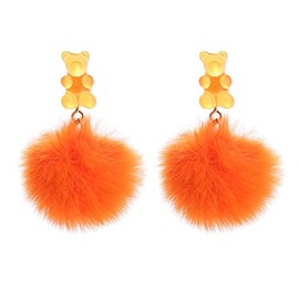 Pom Pom Candy Bear Earrings Fluffy Faux Fur Ball Earrings Gummy Resin Bear Drop Earrings Cute Colorful Ball Resin Bear Dangle Earring for Women -Orange