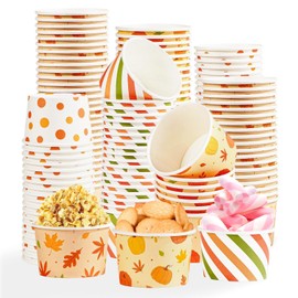 120 Pcs Fall Paper Cups 12 oz Disposable Thanksgiving Ice Cream Cups Pumpkin Leaves Paper Bowls for Hot Cold Food Autumn Harvest Thanksgiving Birthday Baby Shower Party Supplies