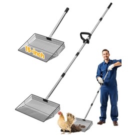 QULUXAO 15" Extra Large Chicken Poop Scooper with Ergonomic Grip, Adjustable Length (24.6"–76.6"), Metal Sifting Shovel with Holes for Chicken Coop Cleaning, Multifunctional Chicken Manure Scoop