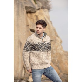 Aran Crafts Men's Irish Cable Knit Wool Half Zip Jacquard Sweater (X4843-XL-OAT) Oatmeal