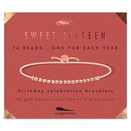 Lucky Feather Sweet 16 Gifts for Girls; 16th Birthday Bracelet Gift Idea for 16 Year Old Girls with 14K Rose Gold Dipped Beads on Adjustable Cord