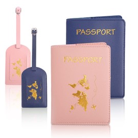 Passport Cover 2 Pieces Passport Protective Cover + 2 Suitcase Tags, Faux Leather Passport Cover with Gold Print, Passport Cover for Men and Women, Passport Credit Cards, ID and Travel Documents, 10.7