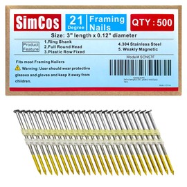 SimCos Framing Nails 304 Stainless Steel 21° Full Round Head Nail 21 Degree Ring Shank Nail for Pneumatic, Electric 21 degree Framing Nailer (3"-500 pcs)