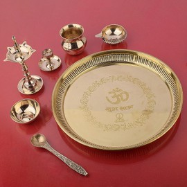 SATVIK 10 Inch Brass Puja Thali Set of 7 | Handcrafted Design for Divine Blessings | Ideal Housewarming Return Gift | Perfect for Festivals & Worship | Complete Puja Thali Set