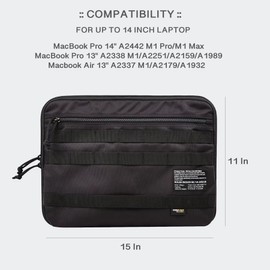 Rough Enough 14 Inch Laptop Sleeve Case Bag with Accessories Pocket Compartment Tactical Molle Functional for Dual Laptop Tablet Cordura Black