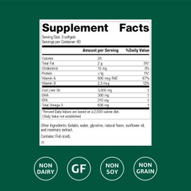Standard Process Cod Liver Oil - Aids Healthy Skin & Eyes with Omega-3 Fatty Acids & Vitamins A and D - Bone & Tooth Health Support - Gluten-Free, Non-Dairy & Non-Soy - 180 Softgels (60 Servings)