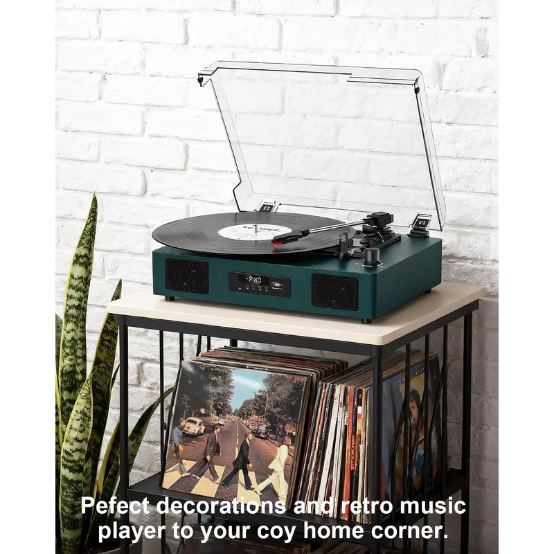 Vinyl Record Player with Built-in Speakers, USB Recording, Dark Green