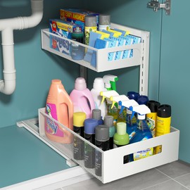 TISTAYA Pull-out Under Kitchen Sink Organizer, Metal Functional Under Sink Organizer, Height Adjustable Under Bathroom Sink Organizer, Under Sink Storage for Kitchen Bathroom Cabinet (White)