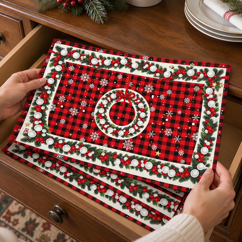 Christmas Trees Placemats Set of 4, 12x18 Inch Grid Christmas
