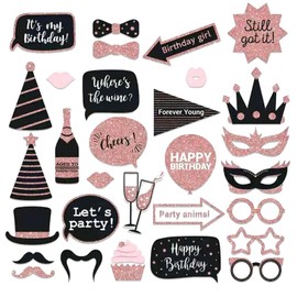 30 Pieces Photo Studio Photo Props, Birthday Party Selfie Photo Decoration, Black Rose Gold Party Set for Men Women Wedding Graduation Decoration