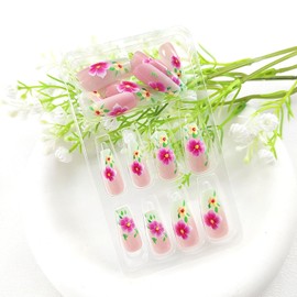 Flower Press on Nails Medium Coffin Fake Nails Light Green Gradient Glue on Nails with Leaf Design Pink False Nails Coffin Medium Nails Press ons Glossy Acrylic Artificial Nails for Girls 24Pcs