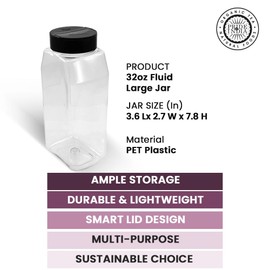 Pride Of India Large Clear Plastic Spice Jars w/Dual Sifter Cap | Food Grade BPA Free USA Made | 32 Fluid Ounce Capacity